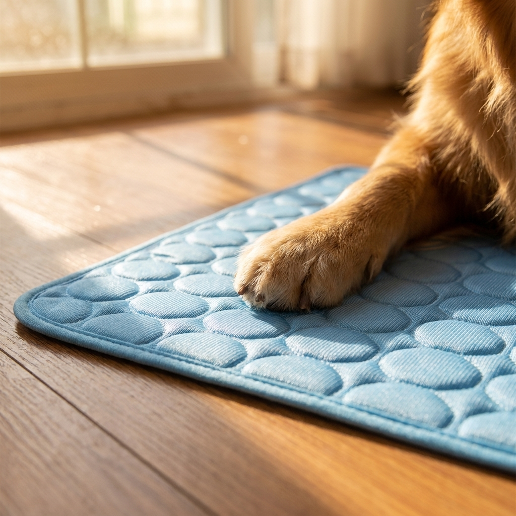 Close-up paw resting on ice-silk cooling mat