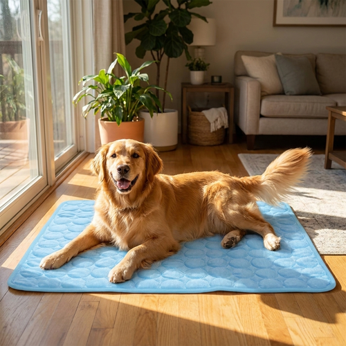 Dog resting on cooling mat in a sunlit home setting