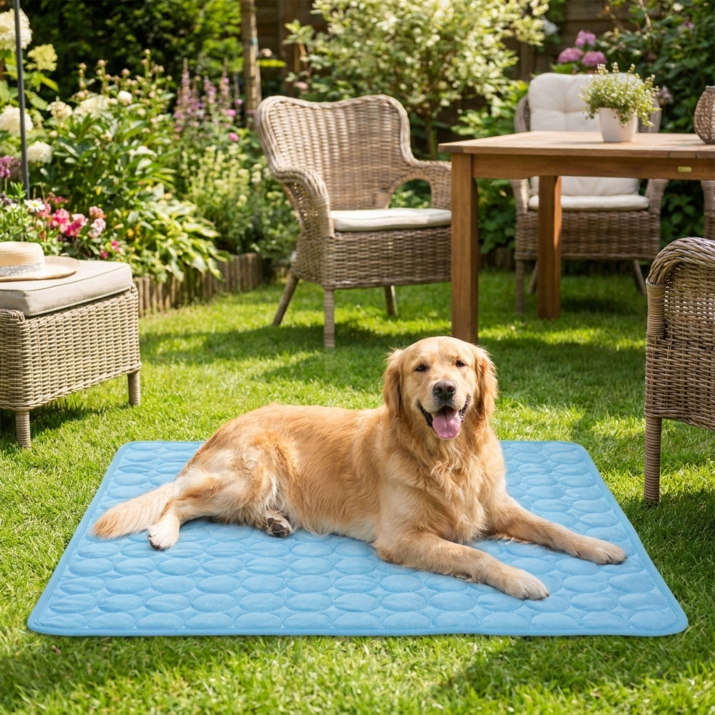 Dog stretched out on cooling mat in backyard garden, wide shot