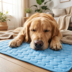 Close-up of dog's face resting on cooling mat, cozy living room