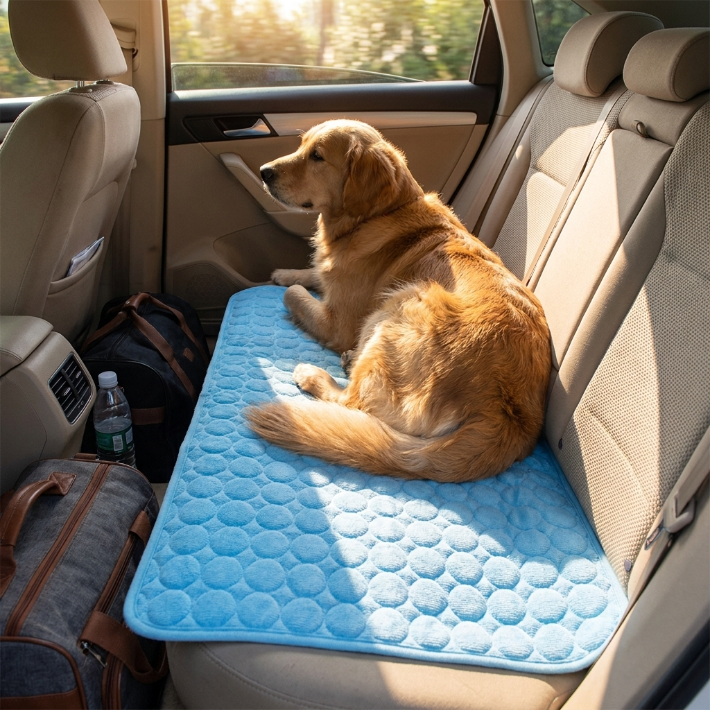 Cooling mat in car back seat with dog, roadtrip scene