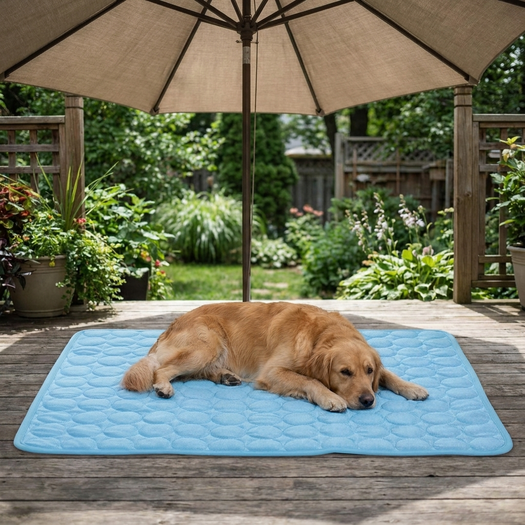 Cooling mat on wooden deck under patio umbrella with dog