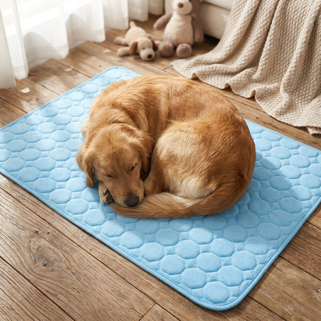 Top-down view of dog curled on cooling mat in bedroom