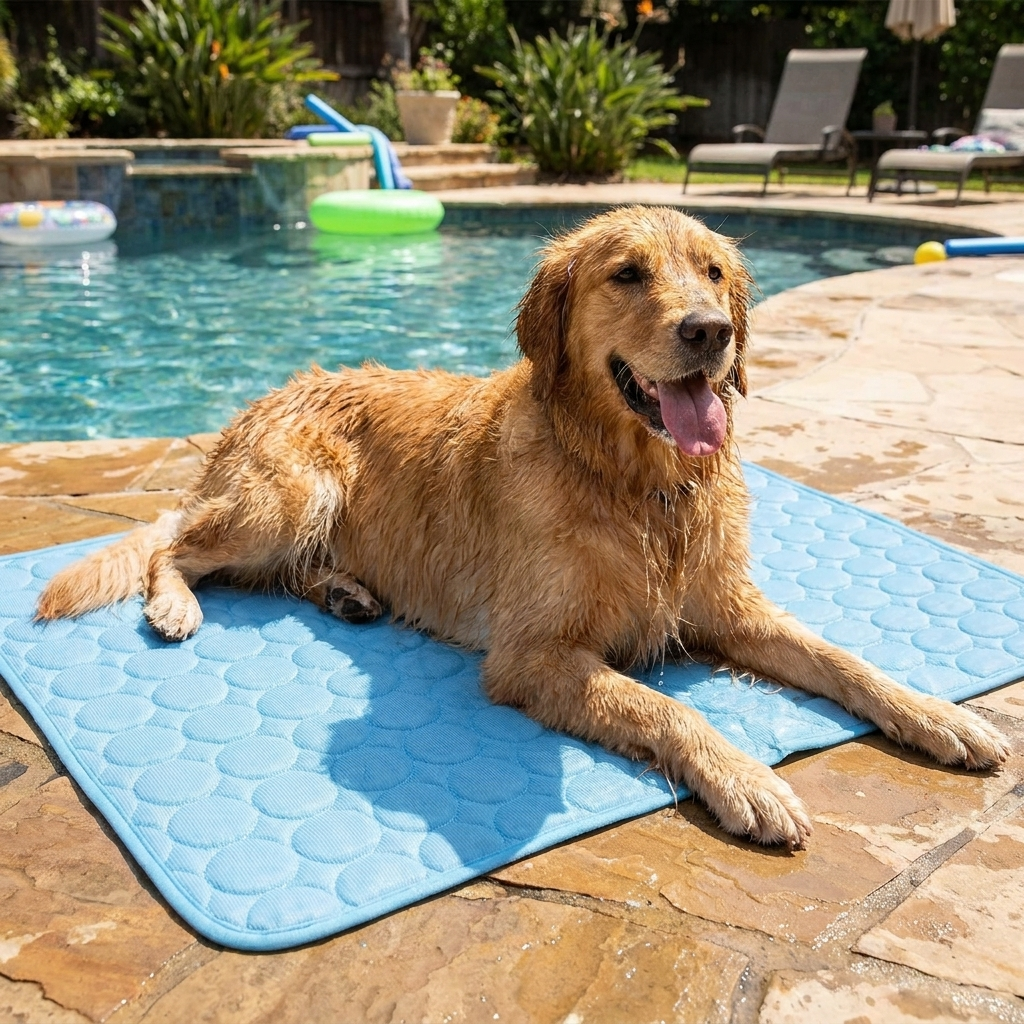 Cooling mat near backyard pool with dog