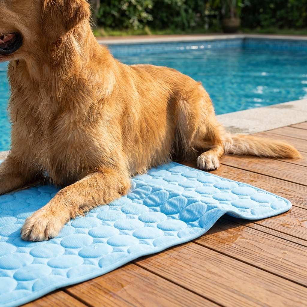 Side-angle close-up of dog and cooling mat fabric drape