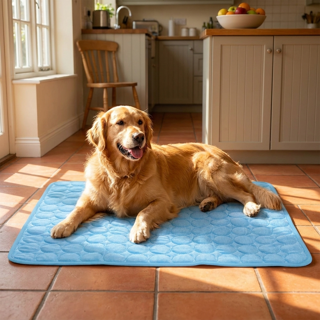 Dog lying on cooling mat on kitchen tile floor