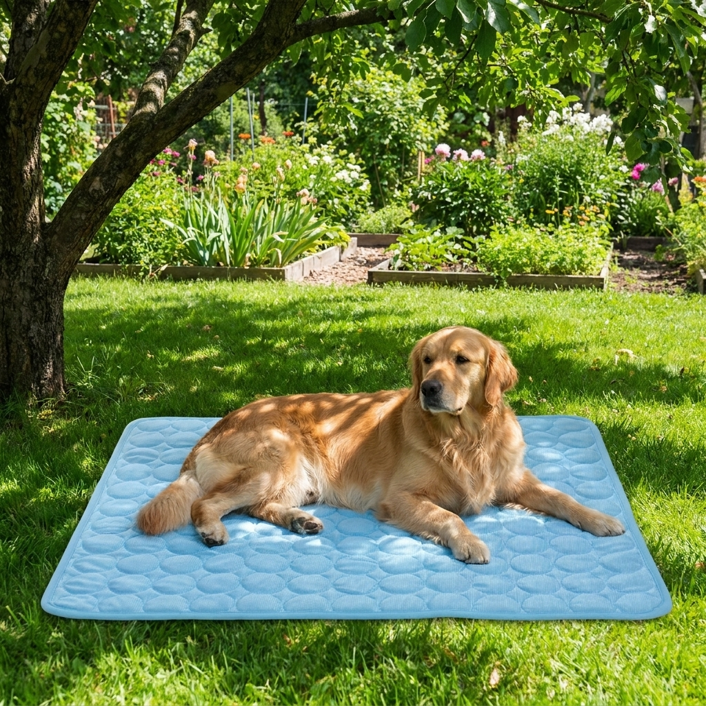 Cooling mat outdoors under tree in garden with dog