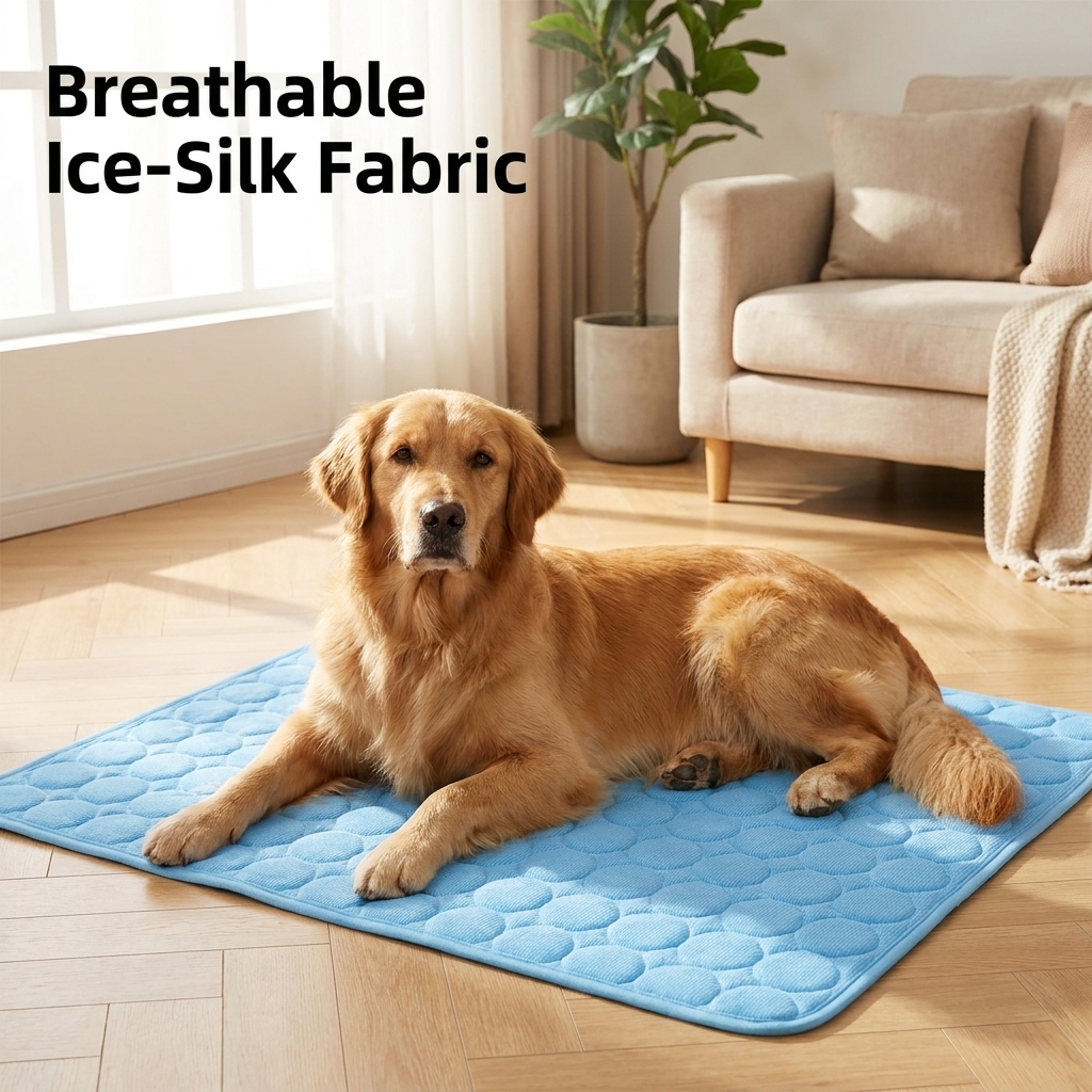 Dog on cooling mat with text: Breathable Ice-Silk Fabric