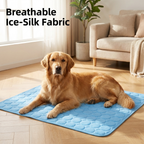 Dog on cooling mat with text: Breathable Ice-Silk Fabric