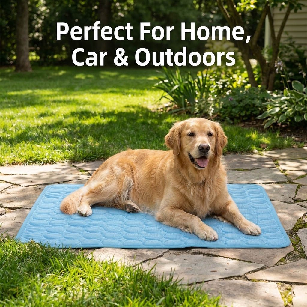 Dog on cooling mat outdoors with text: Perfect For Home, Car & Outdoors