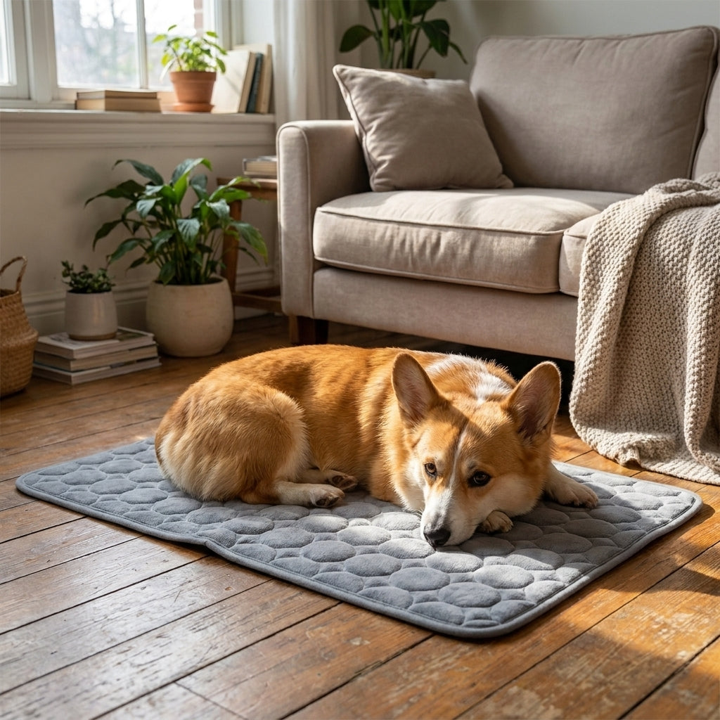 Grey cooling mat with Corgi in living room