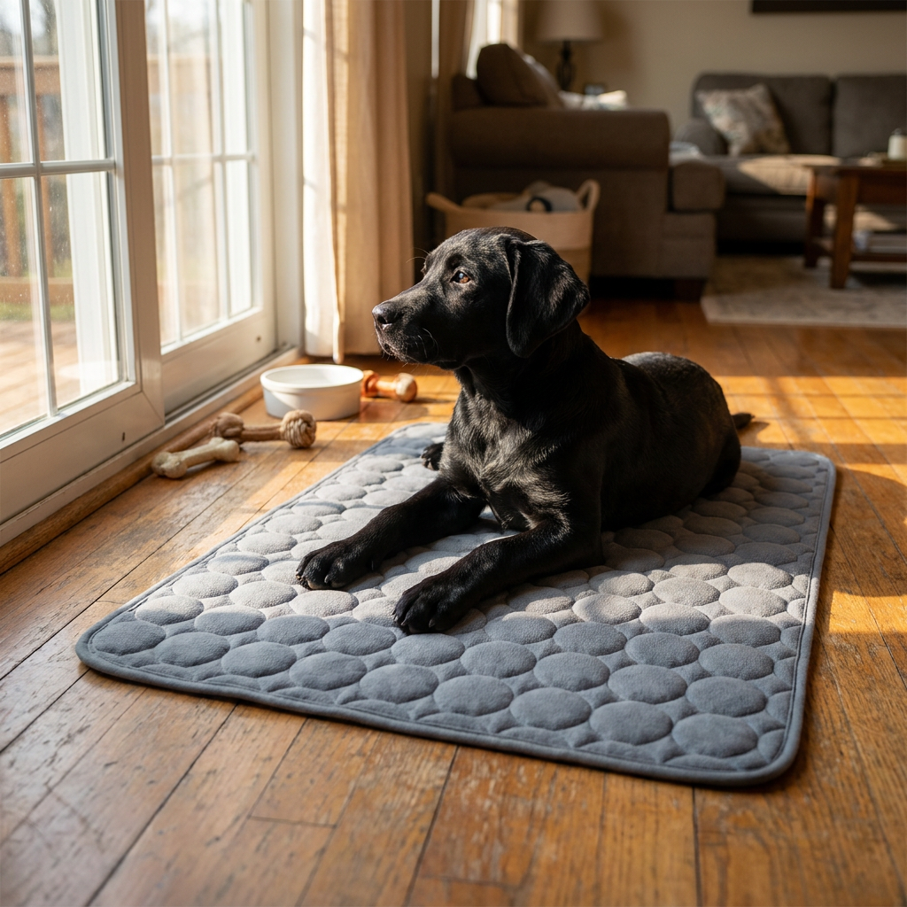 Grey cooling mat with Black Lab puppy by window