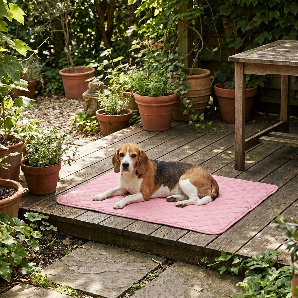 Pink cooling mat with Beagle in garden