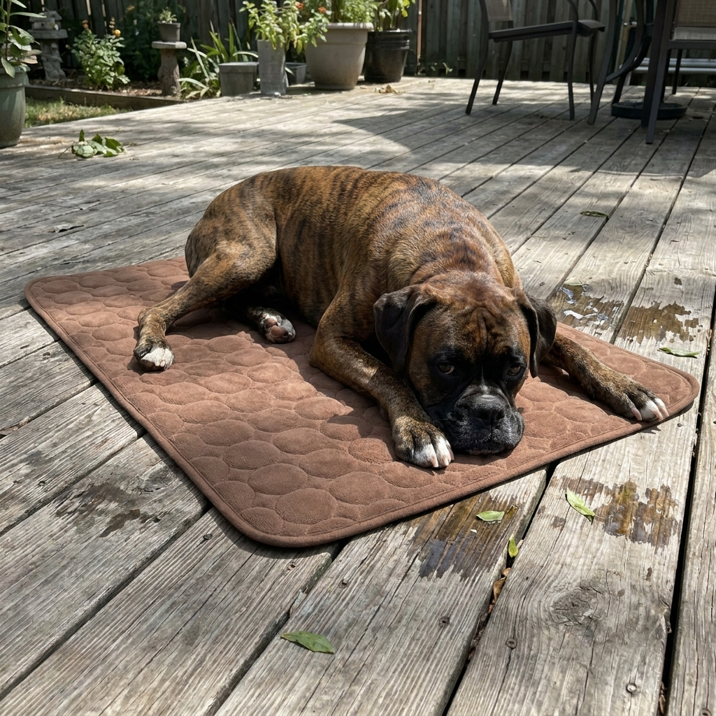 Coffee cooling mat with Boxer on deck