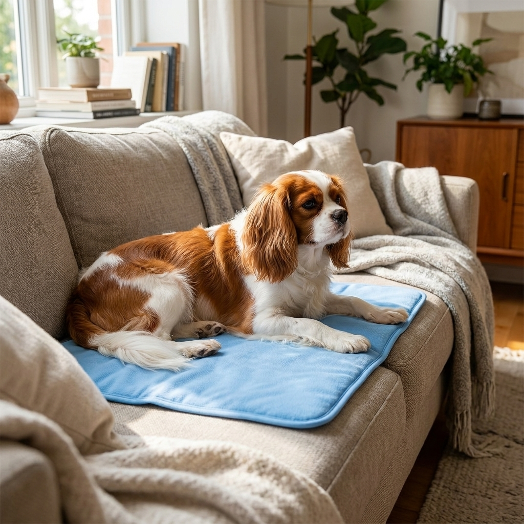 Light blue cooling mat with Cavalier King Charles Spaniel on sofa