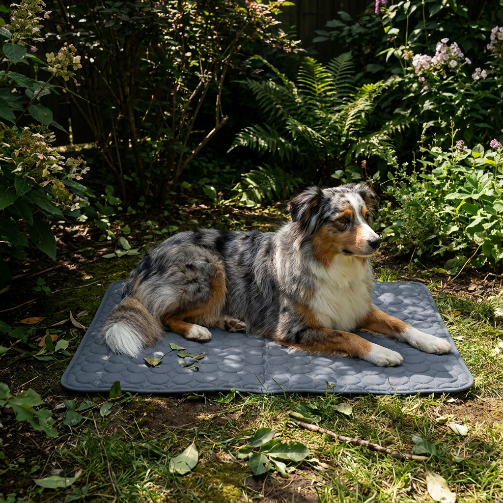 Dark grey cooling mat with Australian Shepherd in garden