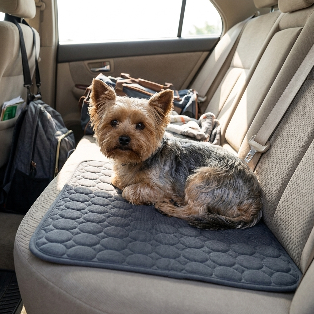 Dark grey cooling mat with Yorkshire Terrier in car