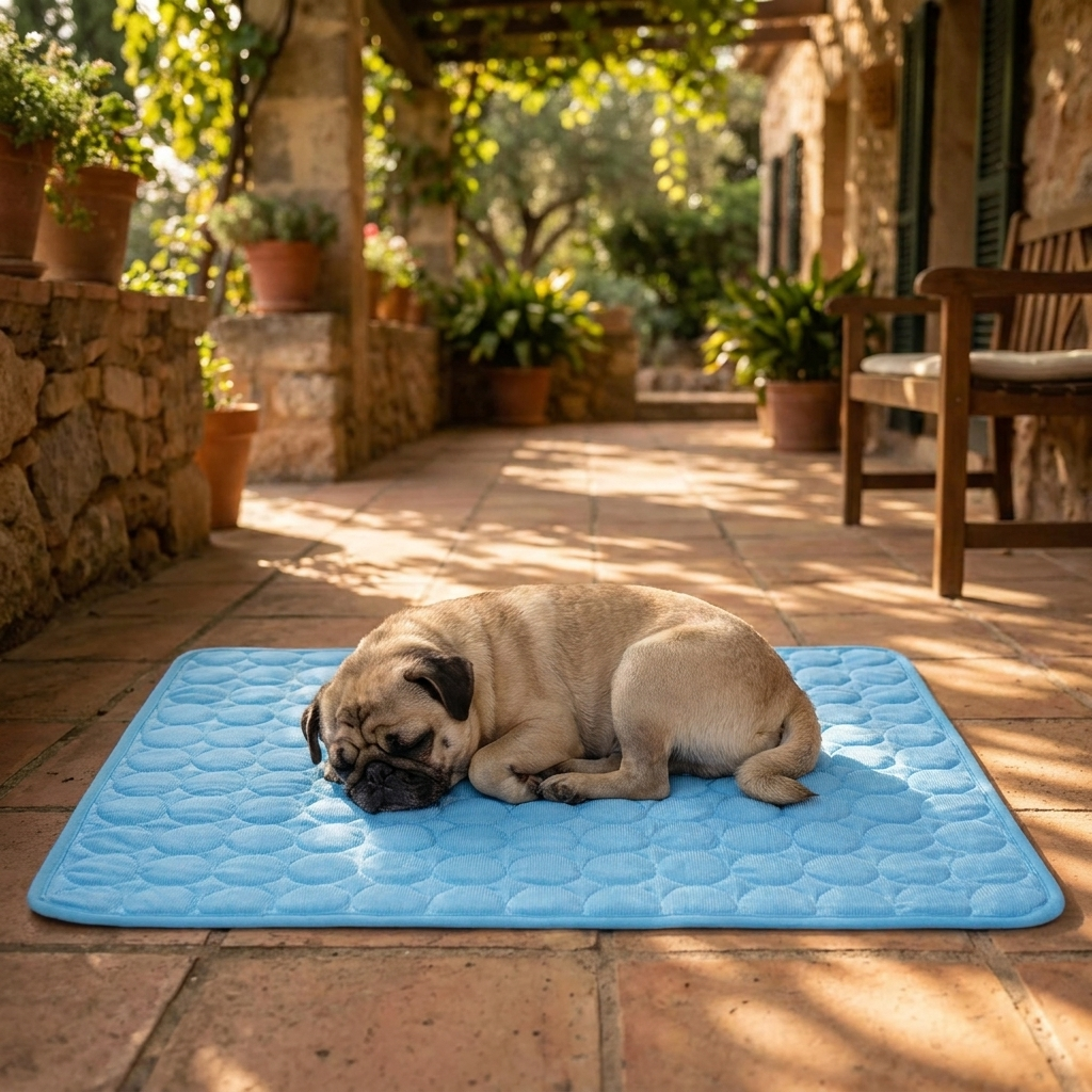 Dog relaxing on cooling mat on sunny patio